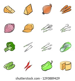 Cheeses, Cutlery and Vegetables set. Background for printing, design, web. Usable as icons. Colored.