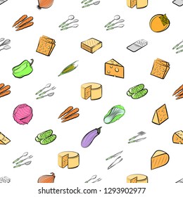 Cheeses, Cutlery and Vegetables set. Background for printing, design, web. Usable as icons. Seamless. Colored.
