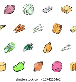 Cheeses, Cutlery and Vegetables set. Background for printing, design, web. Usable as icons. Seamless. Colored.