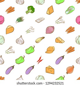 Cheeses, Cutlery and Vegetables set. Background for printing, design, web. Usable as icons. Seamless. Colored.