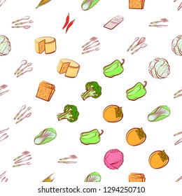 Cheeses, Cutlery and Vegetables set. Background for printing, design, web. Usable as icons. Seamless. Colored.