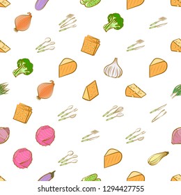Cheeses, Cutlery and Vegetables set. Background for printing, design, web. Usable as icons. Seamless. Colored.