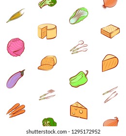 Cheeses, Cutlery and Vegetables set. Background for printing, design, web. Usable as icons. Seamless. Colored.