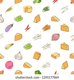 Cheeses, Cutlery and Vegetables set. Background for printing, design, web. Usable as icons. Seamless. Colored.