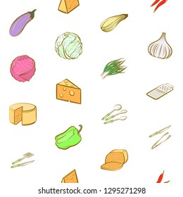 Cheeses, Cutlery and Vegetables set. Background for printing, design, web. Usable as icons. Seamless. Colored.