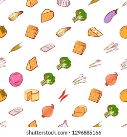 Cheeses, Cutlery and Vegetables set. Background for printing, design, web. Usable as icons. Seamless. Colored.