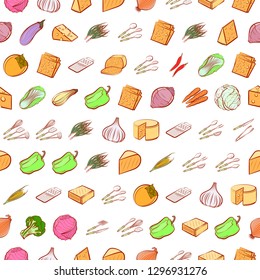 Cheeses, Cutlery and Vegetables set. Background for printing, design, web. Usable as icons. Seamless. Colored.