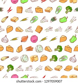 Cheeses, Cutlery and Vegetables set. Background for printing, design, web. Usable as icons. Seamless. Colored.