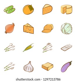 Cheeses, Cutlery and Vegetables set. Background for printing, design, web. Usable as icons. Colored.