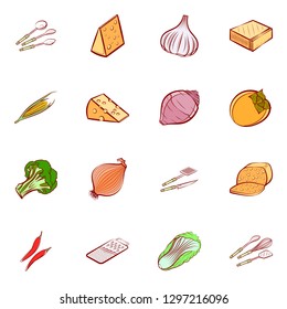 Cheeses, Cutlery and Vegetables set. Background for printing, design, web. Usable as icons. Colored.