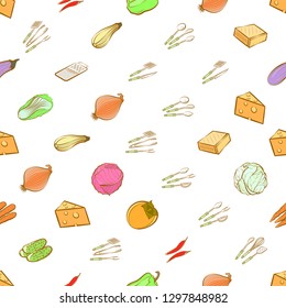 Cheeses, Cutlery and Vegetables set. Background for printing, design, web. Usable as icons. Seamless. Colored.