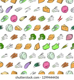 Cheeses, Cutlery and Vegetables set. Background for printing, design, web. Usable as icons. Seamless. Colored.