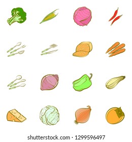 Cheeses, Cutlery and Vegetables set. Background for printing, design, web. Usable as icons. Colored.