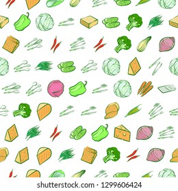 Cheeses, Cutlery and Vegetables set. Background for printing, design, web. Usable as icons. Seamless. Colored.