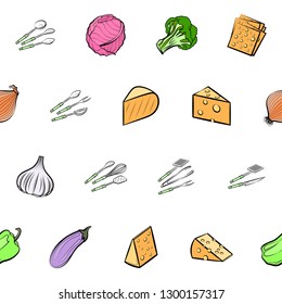 Cheeses, Cutlery and Vegetables set. Background for printing, design, web. Usable as icons. Seamless. Colored.