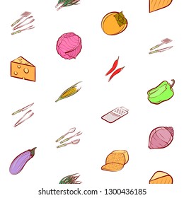 Cheeses, Cutlery and Vegetables set. Background for printing, design, web. Usable as icons. Seamless. Colored.