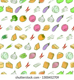 Cheeses, Cutlery and Vegetables set. Background for printing, design, web. Usable as icons. Seamless. Colored.