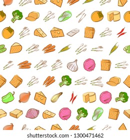 Cheeses, Cutlery and Vegetables set. Background for printing, design, web. Usable as icons. Seamless. Colored.