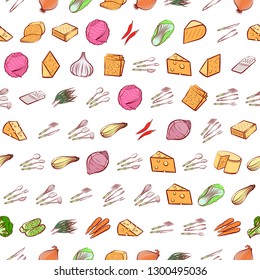 Cheeses, Cutlery and Vegetables set. Background for printing, design, web. Usable as icons. Seamless. Colored.