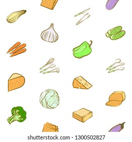 Cheeses, Cutlery and Vegetables set. Background for printing, design, web. Usable as icons. Seamless. Colored.
