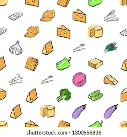 Cheeses, Cutlery and Vegetables set. Background for printing, design, web. Usable as icons. Seamless. Colored.
