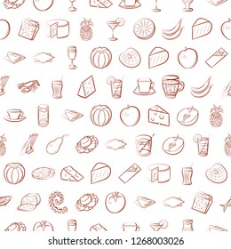 Cheeses, Drinks, Fruits, Seafood and Table setting set. Background for printing, design, web. Usable as icons. Seamless. Color.