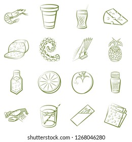 Cheeses, Drinks, Fruits, Seafood and Table setting set. Background for printing, design, web. Usable as icons. Color.