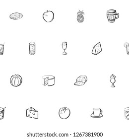 Cheeses, Drinks and Fruits set. Background for printing, design, web. Usable as icons. Seamless. Monochrome binary, black and white.