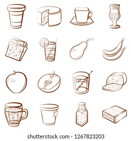 Cheeses, Drinks and Fruits set. Background for printing, design, web. Usable as icons. Color.