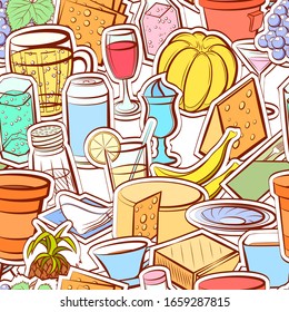 Cheeses, Drinks, Fruits and Table setting pattern. Background for printing, design, web. Seamless. Colored.