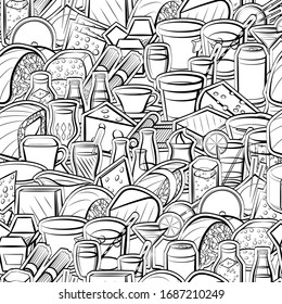 Cheeses, Drinks and Japanese food pattern. Background for printing, design, web. Seamless. Monochrome binary, black and white.