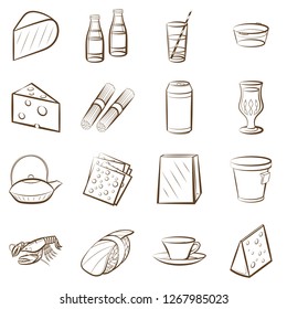 Cheeses, Drinks, Japanese food and Seafood set. Background for printing, design, web. Usable as icons. Color.
