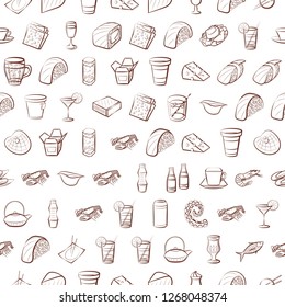 Cheeses, Drinks, Japanese food and Seafood set. Background for printing, design, web. Usable as icons. Seamless. Color.