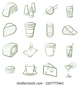 Cheeses, Drinks and Japanese food set. Background for printing, design, web. Usable as icons. Color.