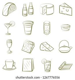Cheeses, Drinks and Japanese food set. Background for printing, design, web. Usable as icons. Color.
