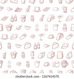 Cheeses, Drinks, Japanese food and Table setting set. Background for printing, design, web. Usable as icons. Seamless. Color.