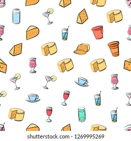 Cheeses and Drinks set. Background for printing, design, web. Usable as icons. Seamless. Colored.