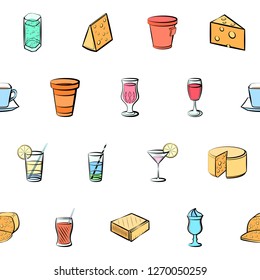 Cheeses and Drinks set. Background for printing, design, web. Usable as icons. Seamless. Colored.