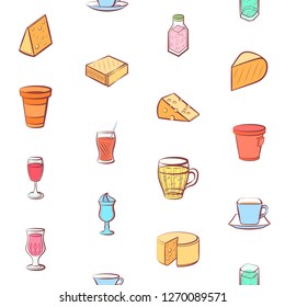 Cheeses and Drinks set. Background for printing, design, web. Usable as icons. Seamless. Colored.