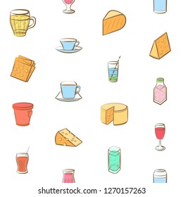 Cheeses and Drinks set. Background for printing, design, web. Usable as icons. Seamless. Colored.