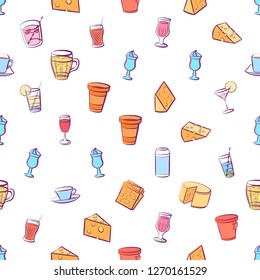 Cheeses and Drinks set. Background for printing, design, web. Usable as icons. Seamless. Colored.