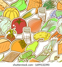 Cheeses, Fruits, Healthy food and Table setting pattern. Background for printing, design, web. Seamless. Colored.