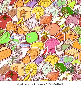 Cheeses, Fruits, Healthy food and Table setting pattern. Background for printing, design, web. Seamless. Colored.