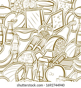 Cheeses, Fruits and Japanese food pattern. Background for printing, design, web. Seamless. Binary color.