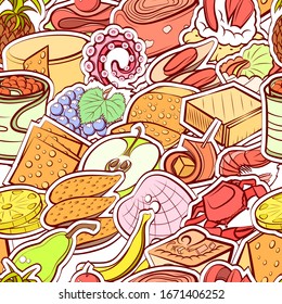 Cheeses, Fruits, Seafood and Snacks pattern. Background for printing, design, web. Seamless. Colored.