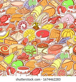 Cheeses, Fruits, Seafood and Snacks pattern. Background for printing, design, web. Seamless. Colored.