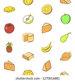 Cheeses and Fruits set. Background for printing, design, web. Usable as icons. Seamless. Colored.