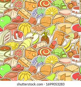 Cheeses, Fruits and Snacks pattern. Background for printing, design, web. Seamless. Colored.