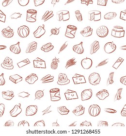 Cheeses, Fruits, Snacks, Table setting and Vegetables set. Background for printing, design, web. Usable as icons. Seamless. Binary color.