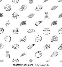 Cheeses, Fruits, Snacks, Table setting and Vegetables set. Background for printing, design, web. Usable as icons. Seamless. Monochrome binary, black and white.